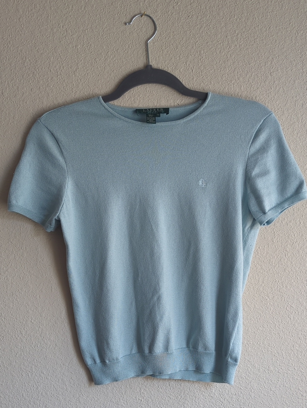 Vintage Petite Ralph Lauren Pale Blue Knit Tee Y2K Silk Blend